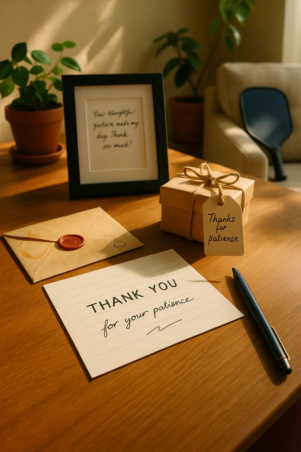 Handwritten thank you note with pickleball paddle