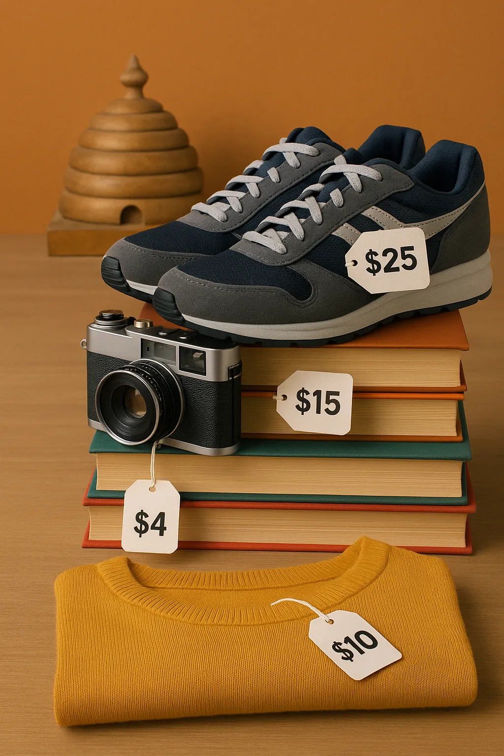 Thrifted items stacked neatly with price tags