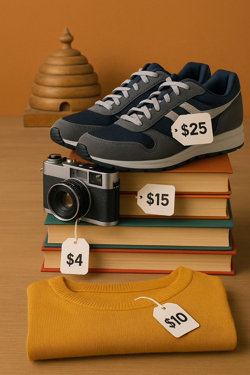 Thrifted items stacked neatly with price tags