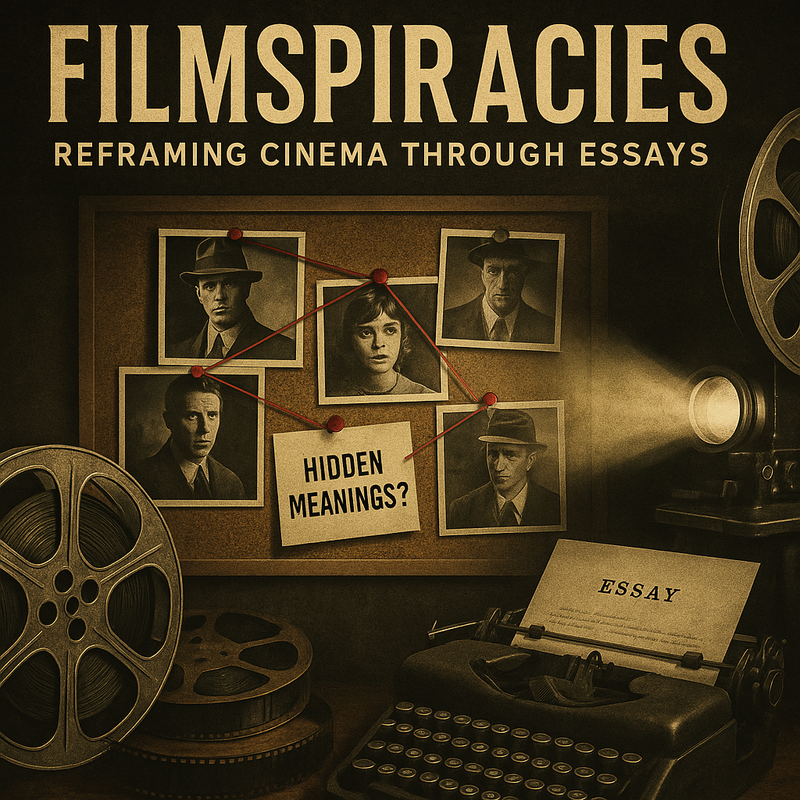 Conspiracy-board collage of classic film stills, red string, and coded notes