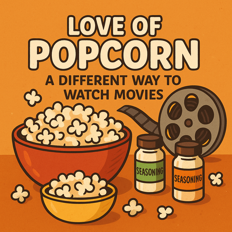 Bowl of popcorn with seasonings and a movie reel in the background