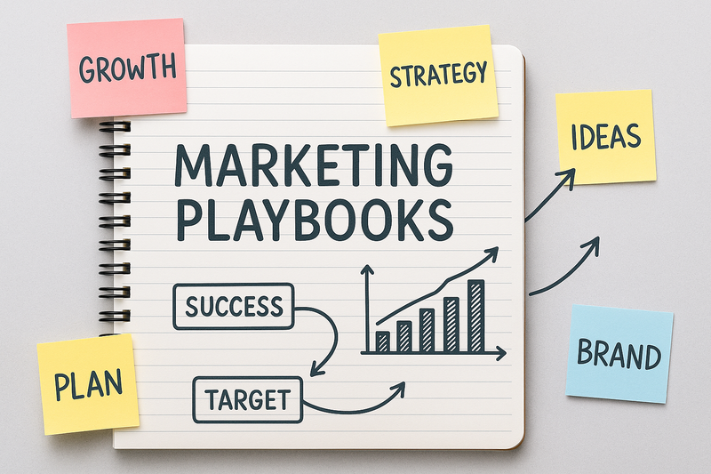 Notebook and strategy diagrams representing marketing playbooks