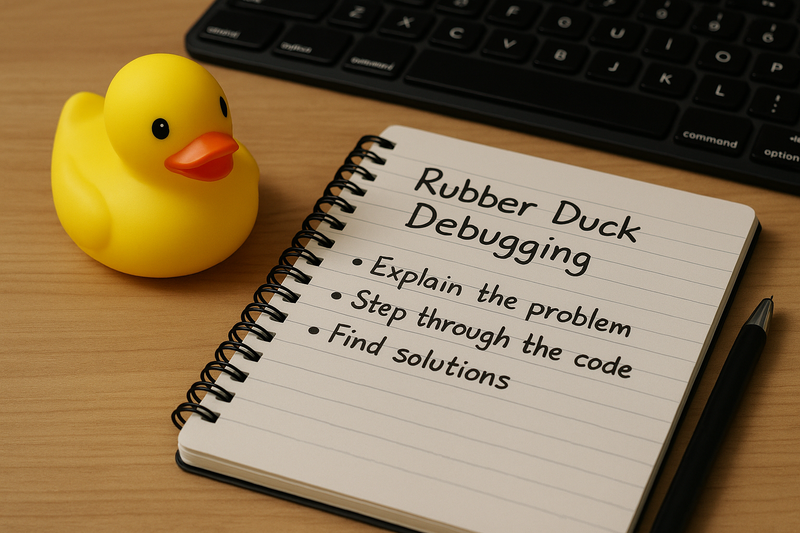 A rubber duck on a desk next to a notebook and keyboard