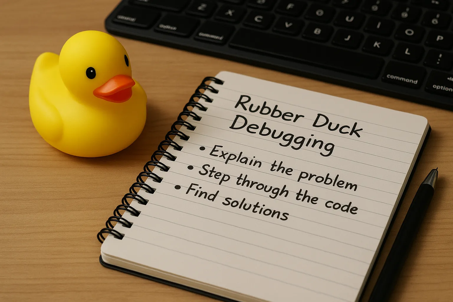 A rubber duck on a desk next to a notebook and keyboard