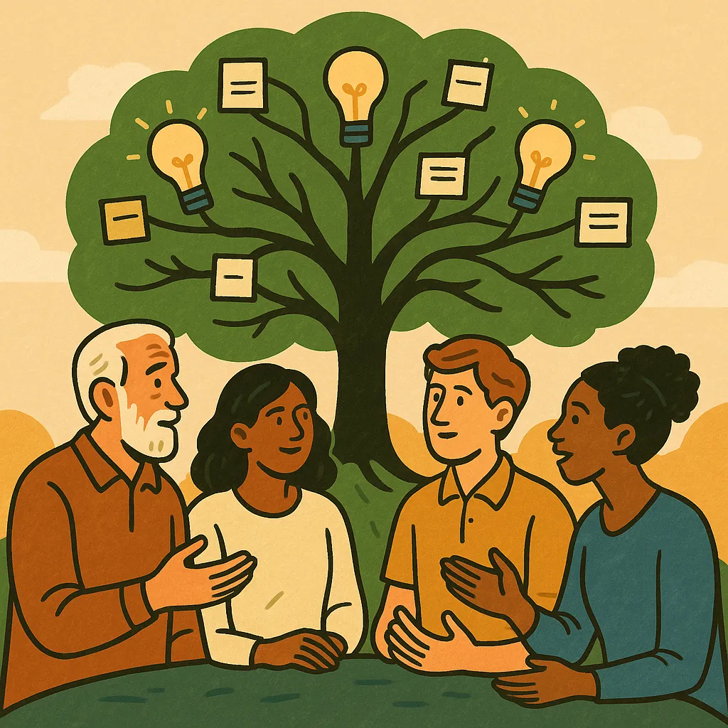 Illustration of a wisdom tree connecting people, ideas, and disciplines